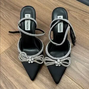 Steve Madden Black Satin Heels with Silver Embellishments
